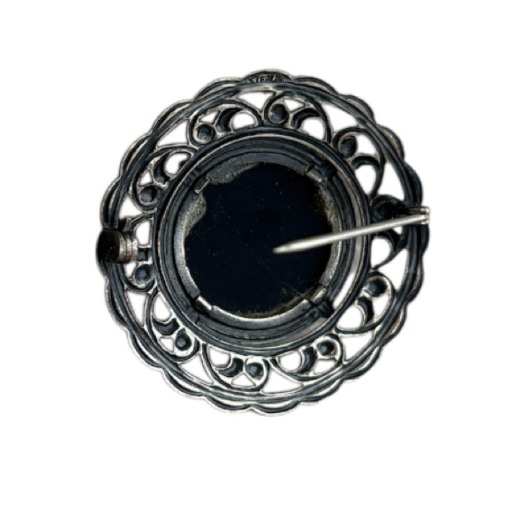Vintage Sterling Silver Brooch Pin Onyx Black Stone Ornate Scrolled Filigree - Picture 8 of 15